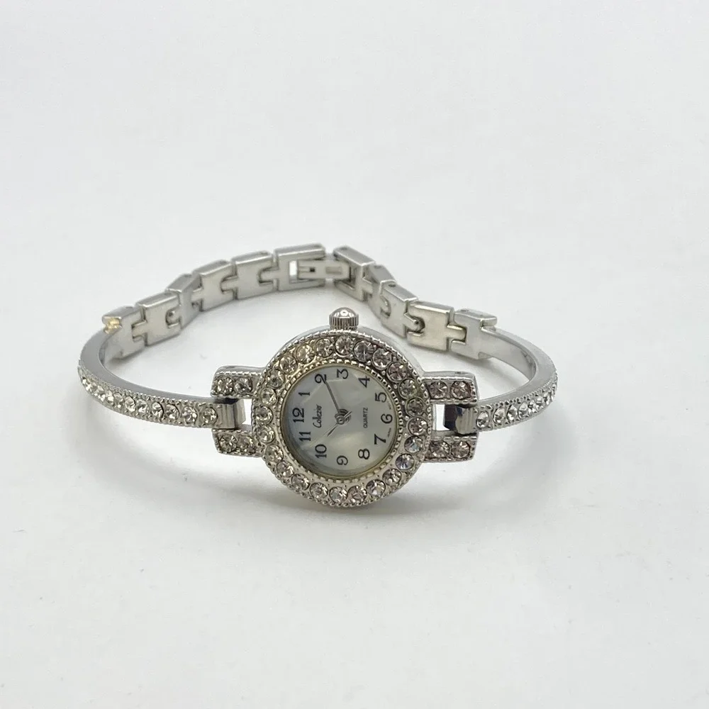 Collezio Womens Watch 22mm Silver Tone Crystals Bling MOP Dial New Battery 6.75